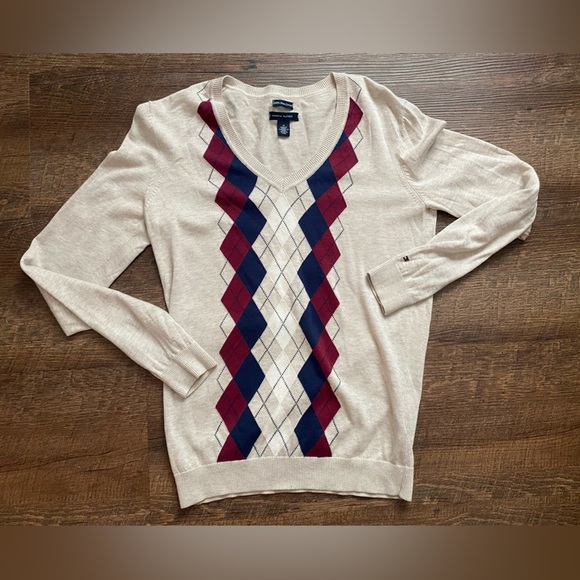 TOMMY HILFIGER Cream argyle v-neck Sweater 100% prima cotton sz M preppy casual - Picture 1 of 11